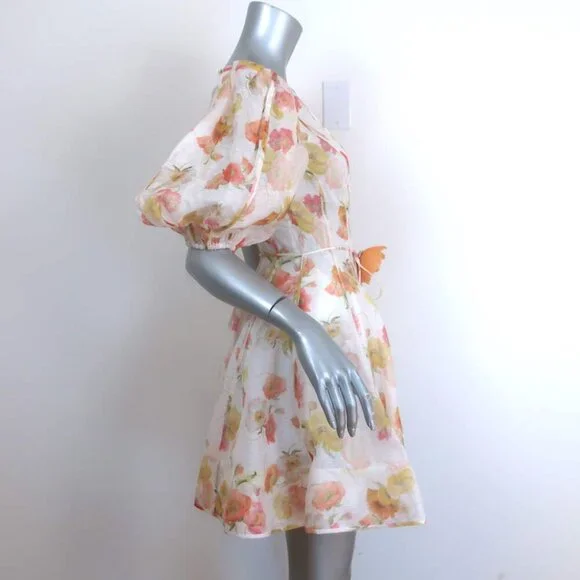 Zimmermann Tranquility Flip Puff Sleeve Mini Dress Cream Floral Print Size 0 - Picture 3 of 6
